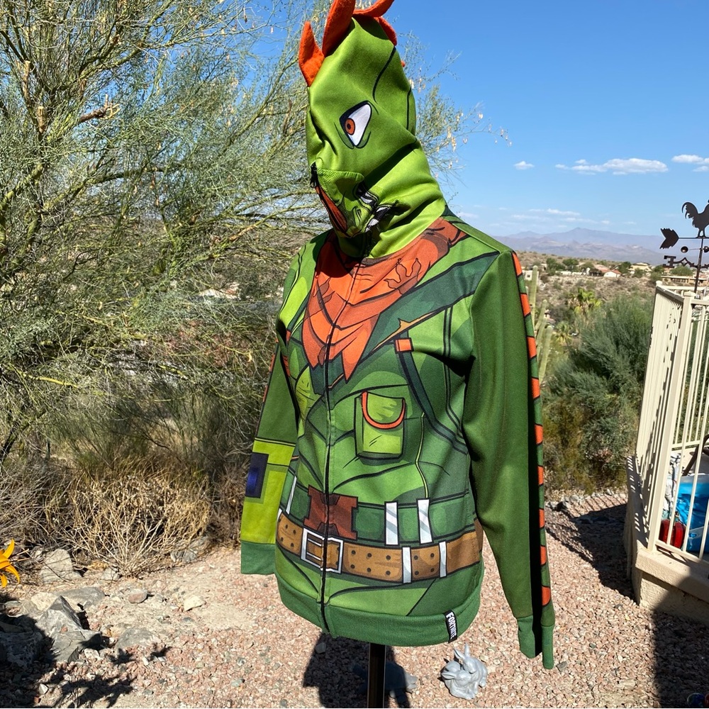 Fornite Boys I AM REX Full Zip Mask Hoodie Jacket Collectible Green Size Large